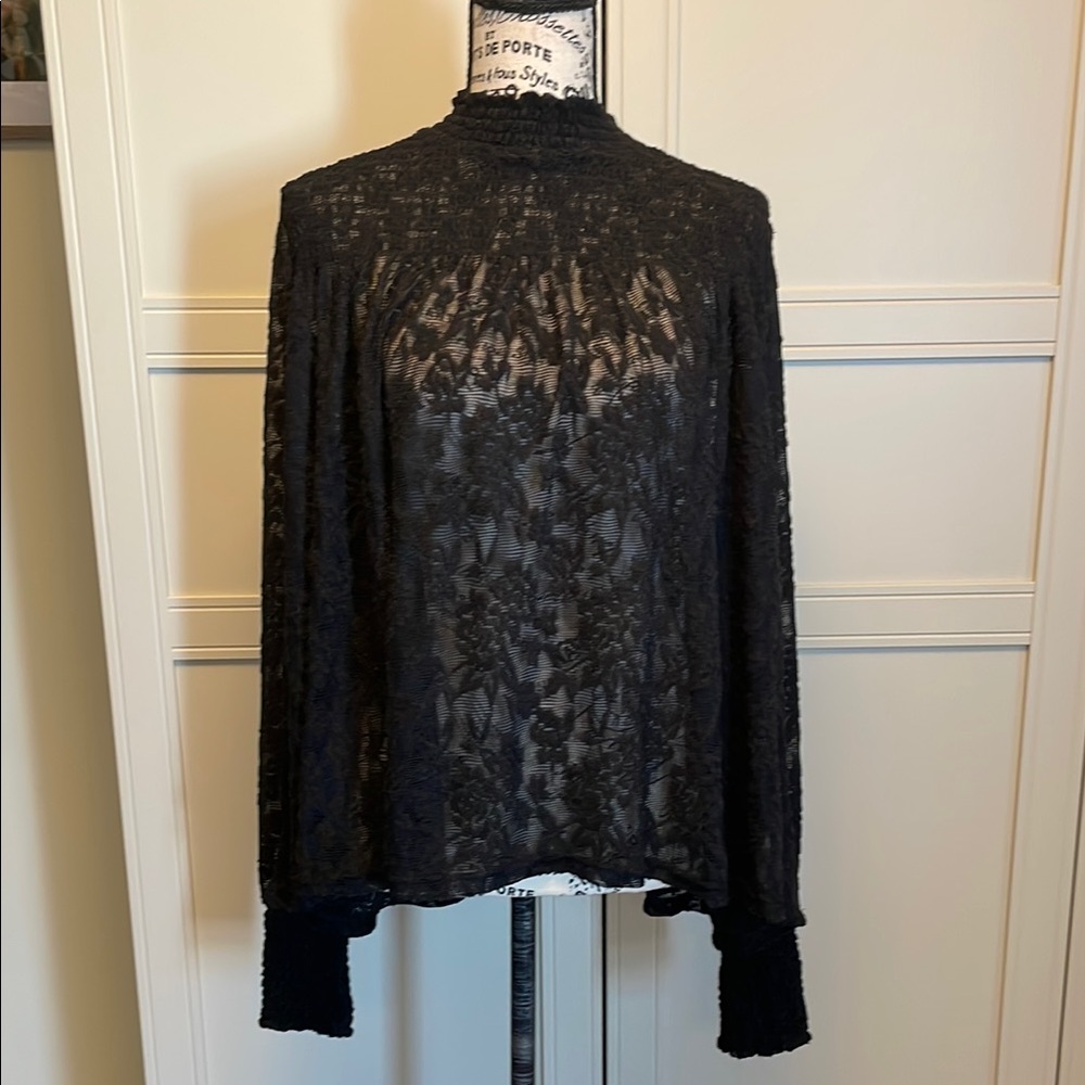 Anthropologie Deletta Black Lace Long Sleeve Top with Mock Neck EUC SZ M